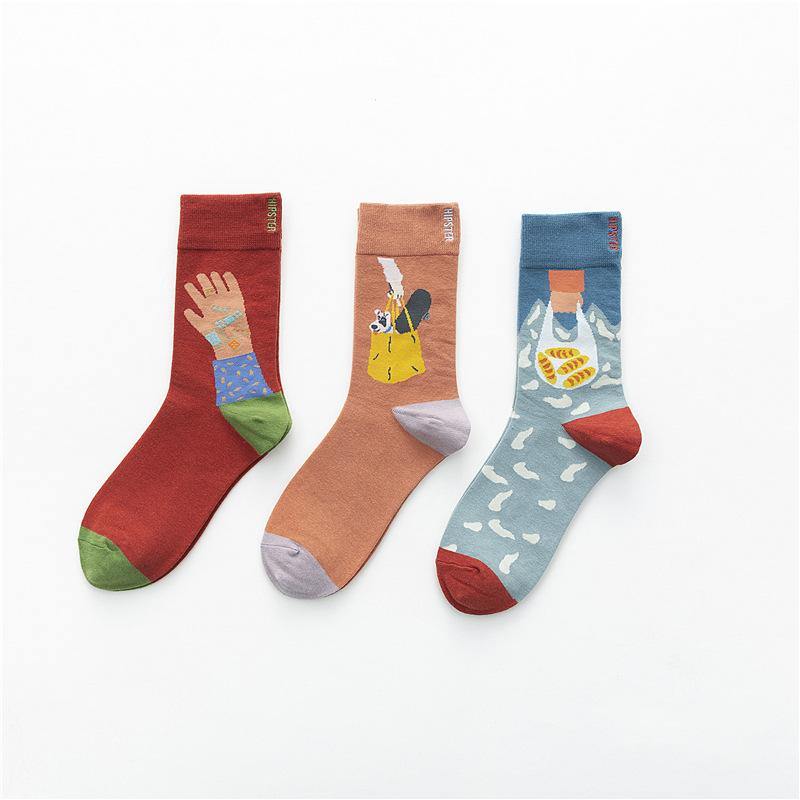 Unisex Painting Style Men Socks Cotton Harajuku Colorful Full Socks Couple Funny Casual Cotton Socks 3 Pairs - CHALIER