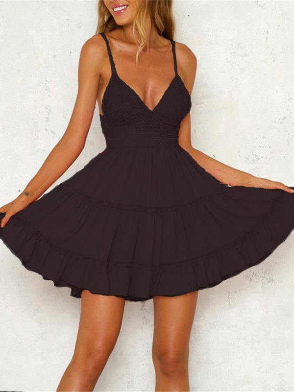 Women's Sexy Lace Slip Dress Triangle Backless Bowknot High Waist Mini Dress - CHALIER