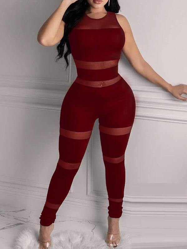 Chalier Sheer Mesh Thick Strap Skinny Jumpsuit - CHALIER