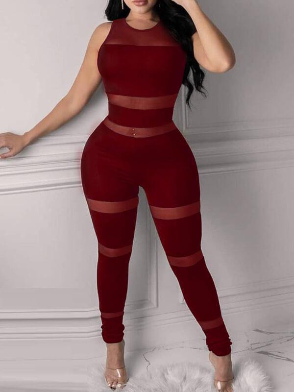 Chalier Sheer Mesh Thick Strap Skinny Jumpsuit - CHALIER