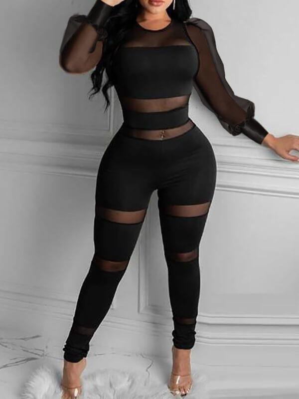 Chalier Sheer Mesh Thick Strap Skinny Jumpsuit - CHALIER