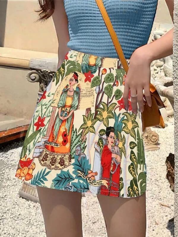 Chalier Printed A-line Skirt Character Pattern Step Skirt - CHALIER