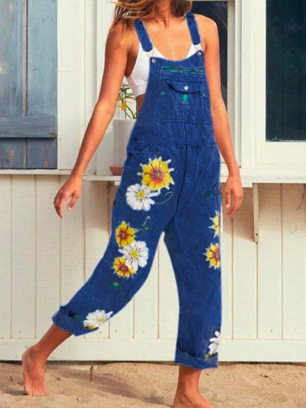Chalier Sleeveless Denim Floral Floral-Print One-Pieces Jumpsuit Overalls - CHALIER