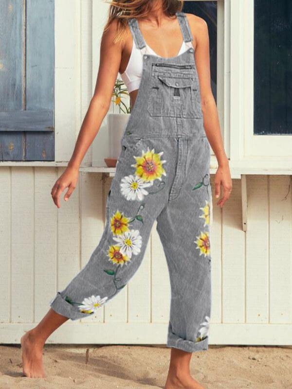 Chalier Sleeveless Denim Floral Floral-Print One-Pieces Jumpsuit Overalls - CHALIER
