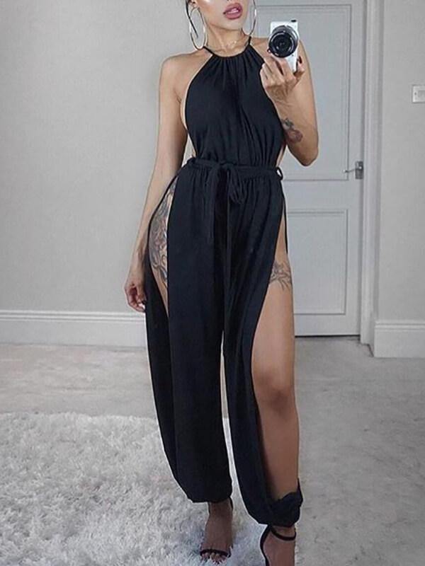 Women Sexy Sleeveless Ruched Slit Jumpsuit - CHALIER