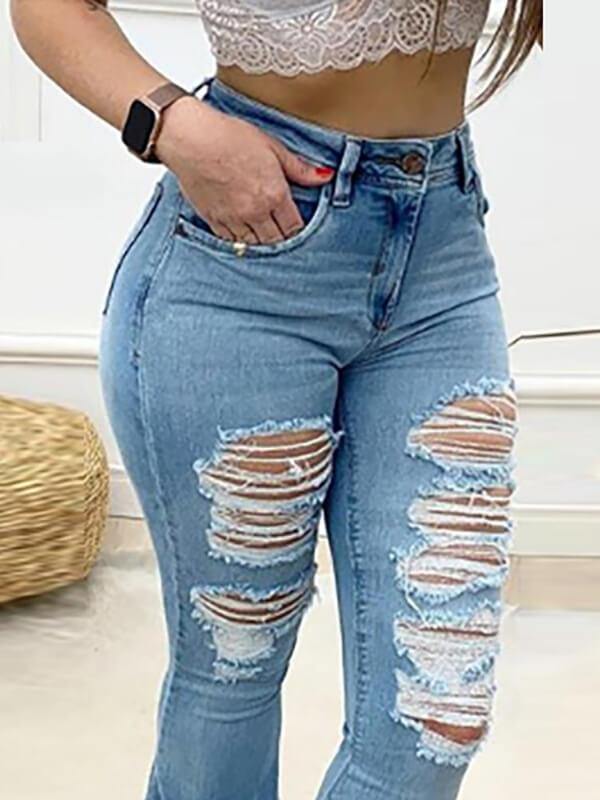 Chalier Solid Denim Distressed Bell-Bottom Ripped Jeans - CHALIER