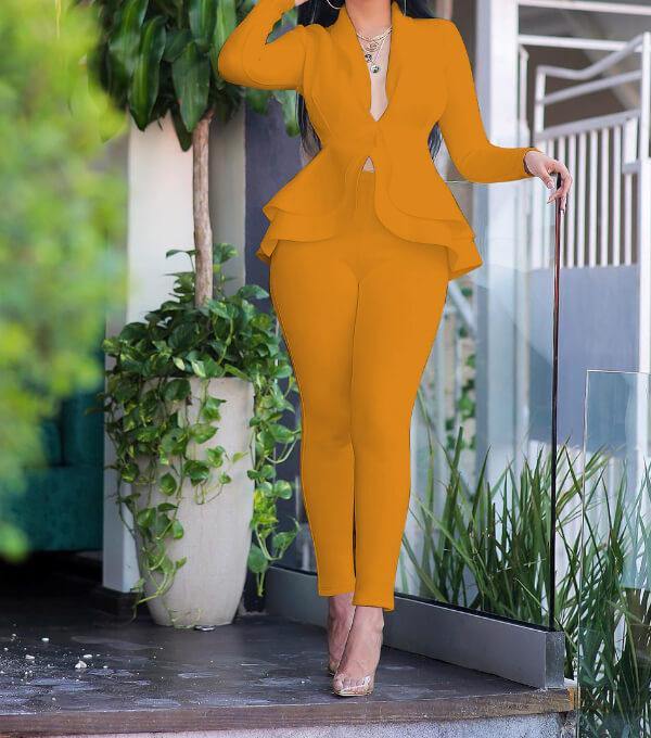 Chalier Solid Ruffles Design Top Skinny Pencil Pant Sets - CHALIER