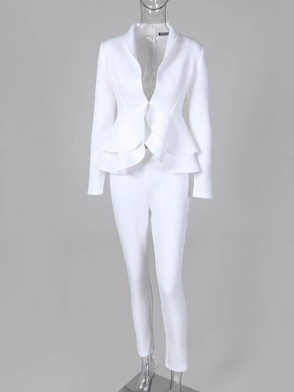 Chalier Solid Ruffles Design Top Skinny Pencil Pant Sets - CHALIER