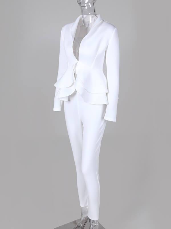 Chalier Solid Ruffles Design Top Skinny Pencil Pant Sets - CHALIER