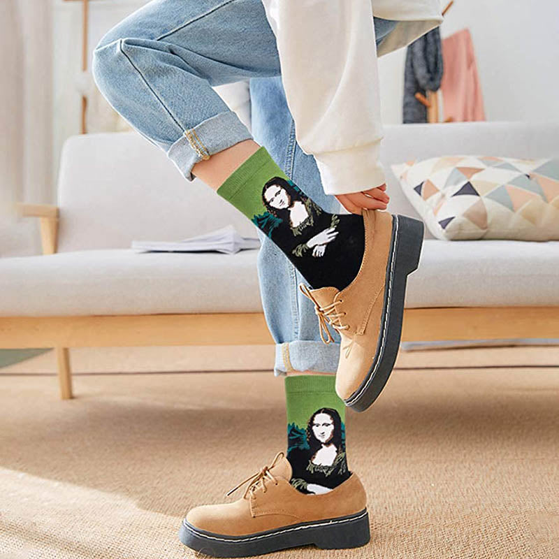 Womens Fun Socks Famous Painting Pattern Art Socks Novel Fun Cotton Socks Set 5 Pairs