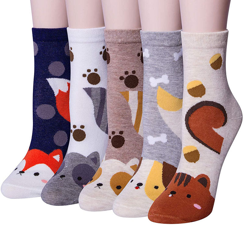 Women Cute Animal Socks Colorful Soft Cotton Socks 5 Pairs Puppy Kitten Pattern