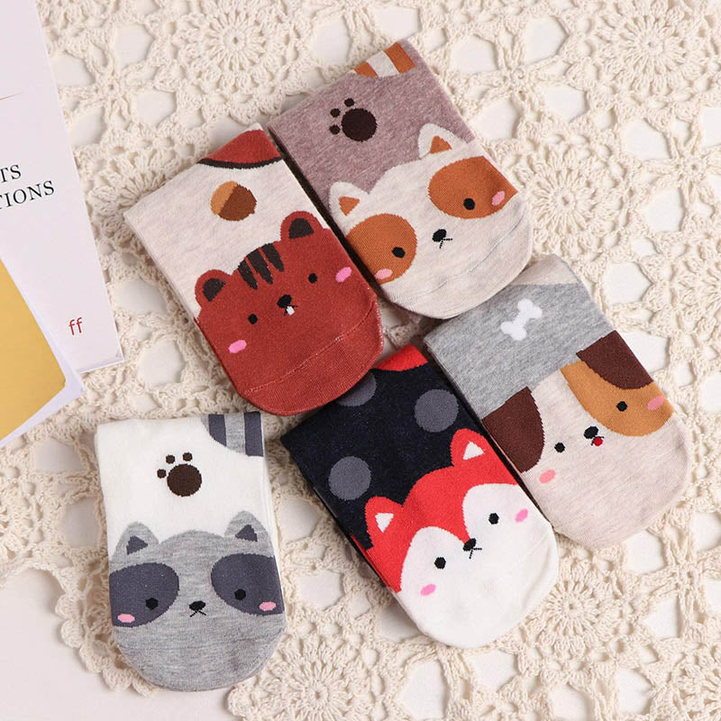Women Cute Animal Socks Colorful Soft Cotton Socks 5 Pairs Puppy Kitten Pattern