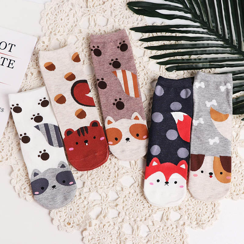 Women Cute Animal Socks Colorful Soft Cotton Socks 5 Pairs Puppy Kitten Pattern