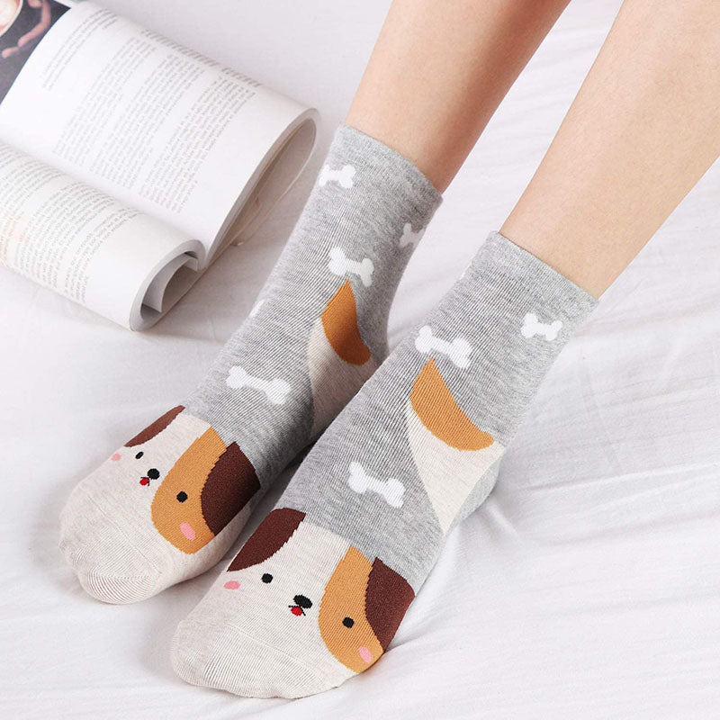 Women Cute Animal Socks Colorful Soft Cotton Socks 5 Pairs Puppy Kitten Pattern