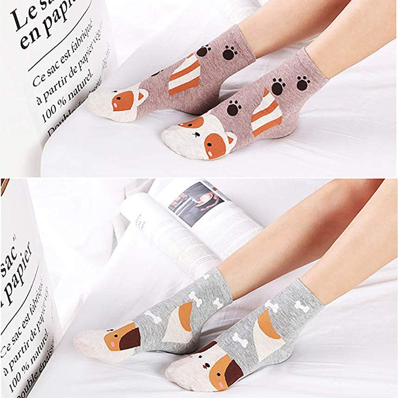 Women Cute Animal Socks Colorful Soft Cotton Socks 5 Pairs Puppy Kitten Pattern