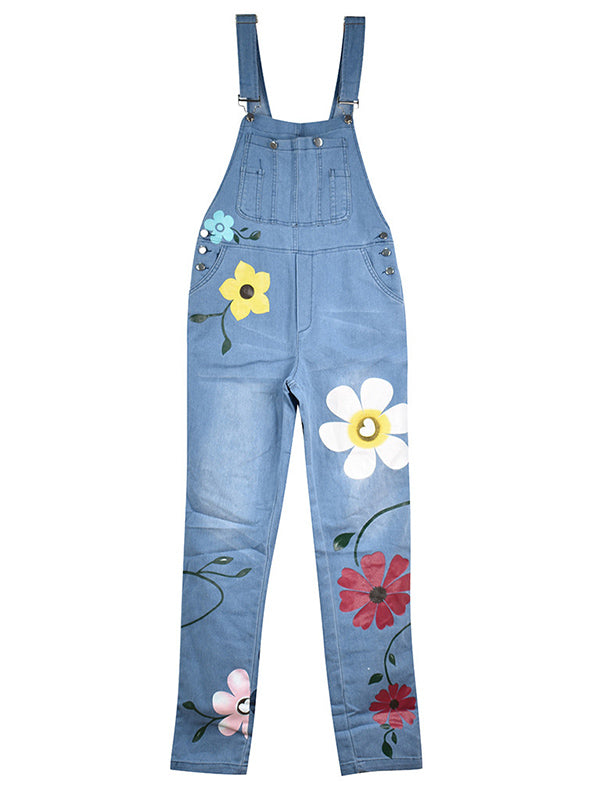 Women Sleeveless Pocket Floral-Print Denim Casual Jumpsuits