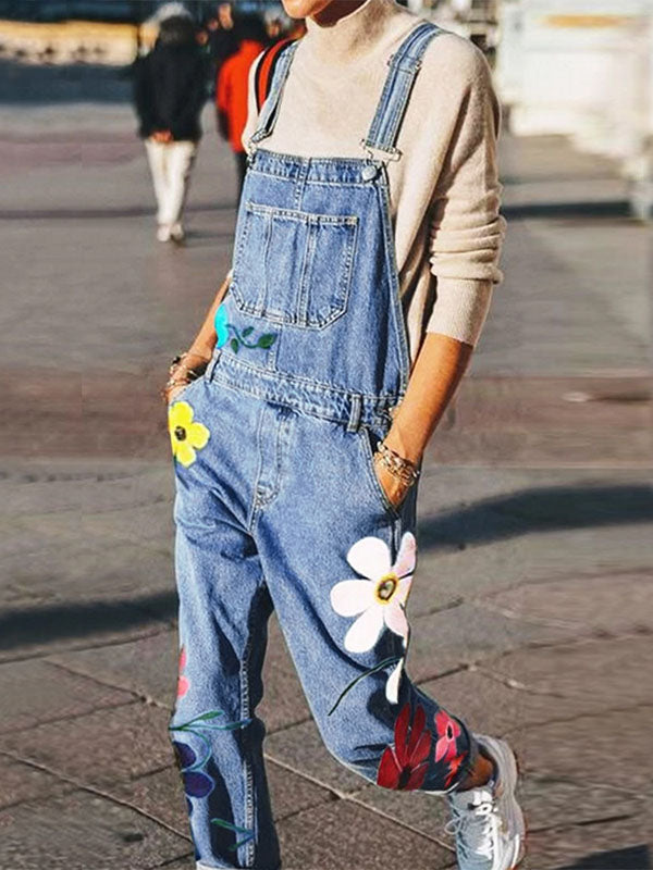 Women Sleeveless Pocket Floral-Print Denim Casual Jumpsuits