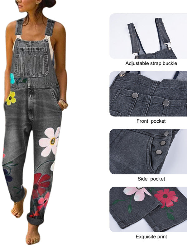 Women Sleeveless Pocket Floral-Print Denim Casual Jumpsuits