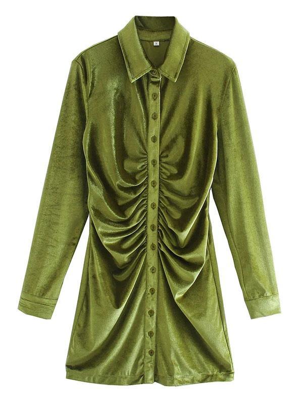 Women's Sexy Pleated Turn-down Collar Lone-sleeve Button Blouse Mini Dress - CHALIER