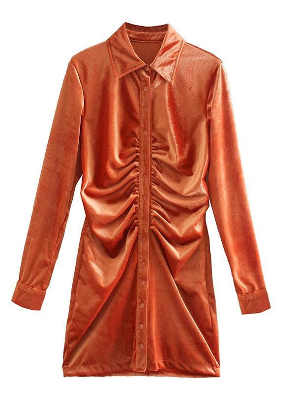 Women's Sexy Pleated Turn-down Collar Lone-sleeve Button Blouse Mini Dress - CHALIER