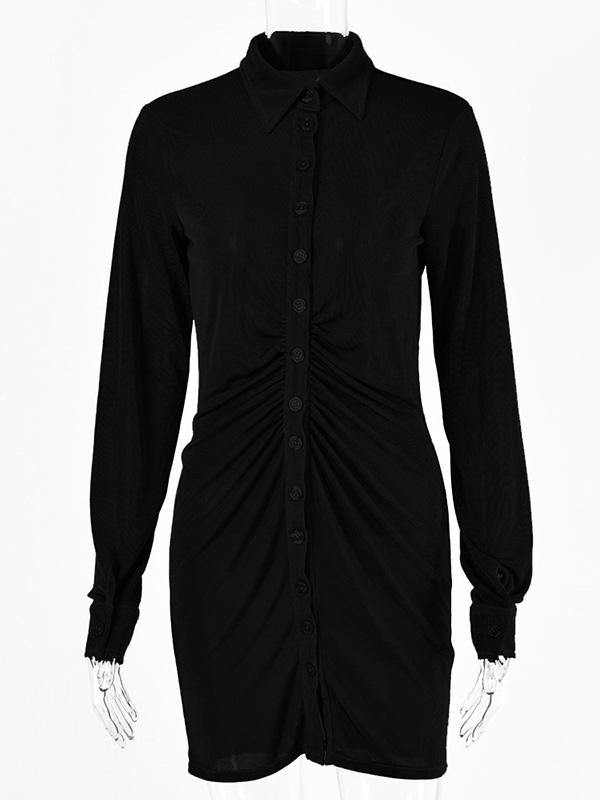 Women's Sexy Pleated Turn-down Collar Lone-sleeve Button Blouse Mini Dress - CHALIER