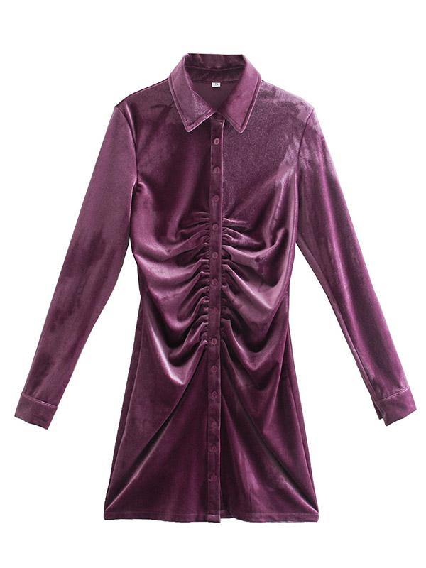 Women's Sexy Pleated Turn-down Collar Lone-sleeve Button Blouse Mini Dress - CHALIER