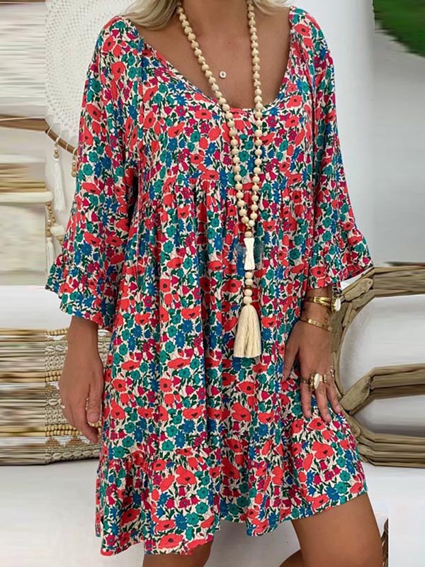 Women's Vintage Floral Prints Loose Casual Mini Dress