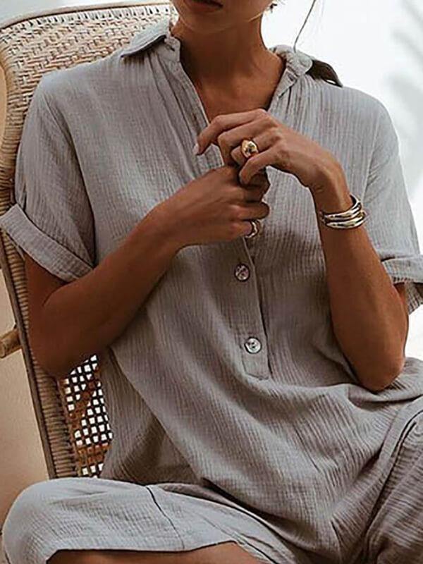 Chalier Women Casual Solid Short Sleeve Button Jumpsuits - CHALIER