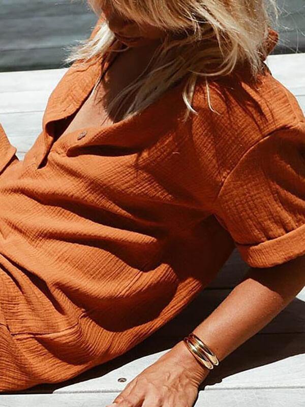 Chalier Women Casual Solid Short Sleeve Button Jumpsuits - CHALIER