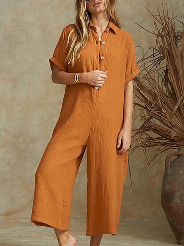 Chalier Women Casual Solid Short Sleeve Button Jumpsuits - CHALIER