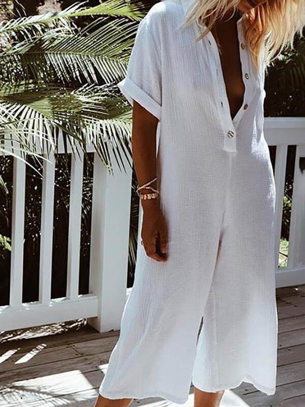 Chalier Women Casual Solid Short Sleeve Button Jumpsuits - CHALIER