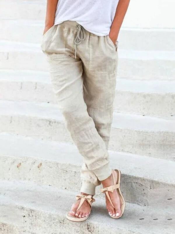 Women Cotton Solid Drawstring Casual Linen Pants Slacks Palazzo Elastic Waist Pants - CHALIER