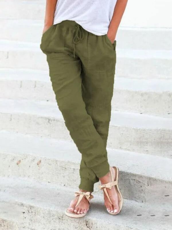 Women Cotton Solid Drawstring Casual Linen Pants Slacks Palazzo Elastic Waist Pants - CHALIER
