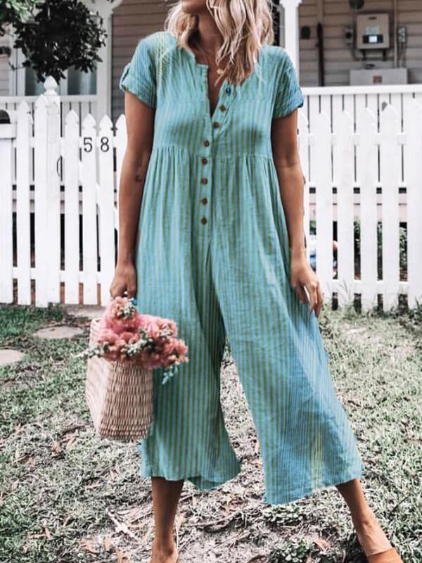 Women Plus Size Casual Short Sleeve Striped Jumpsuits - CHALIER
