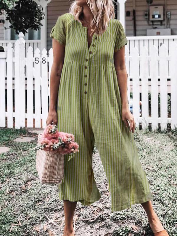 Women Plus Size Casual Short Sleeve Striped Jumpsuits - CHALIER