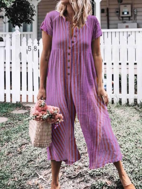 Women Plus Size Casual Short Sleeve Striped Jumpsuits - CHALIER