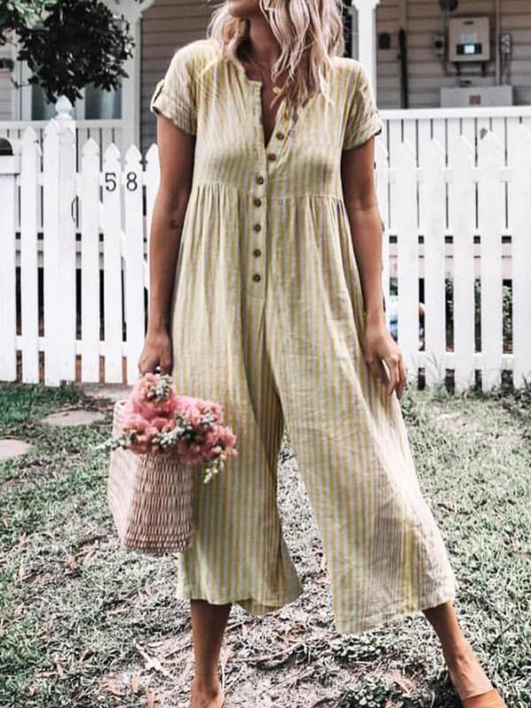 Women Plus Size Casual Short Sleeve Striped Jumpsuits - CHALIER