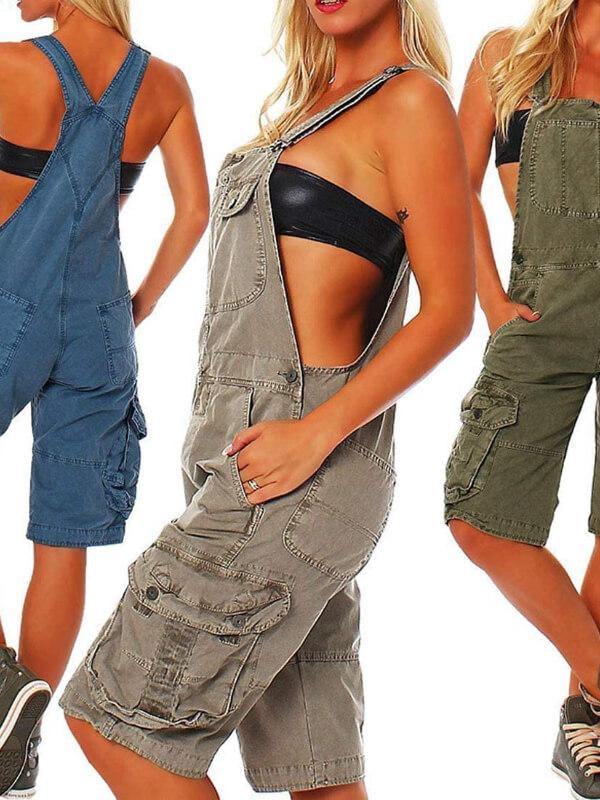 Women Adjustable Straps Knee Length Work Bib Overalls Shortalls Cargo Shorts with Pockets - CHALIER