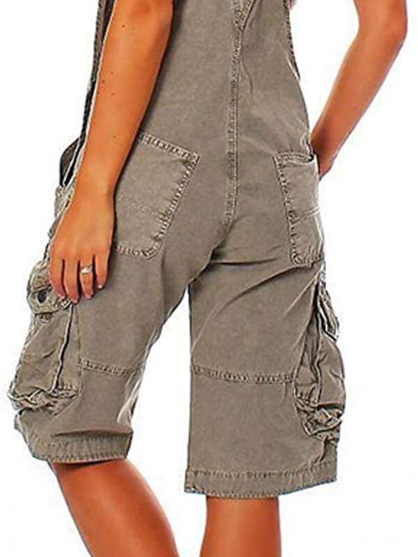 Women Adjustable Straps Knee Length Work Bib Overalls Shortalls Cargo Shorts with Pockets - CHALIER