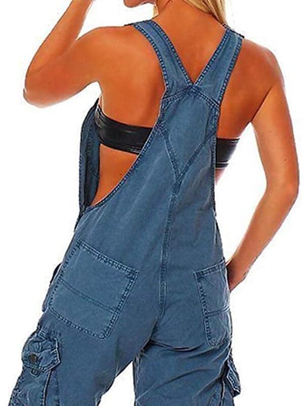Women Adjustable Straps Knee Length Work Bib Overalls Shortalls Cargo Shorts with Pockets - CHALIER