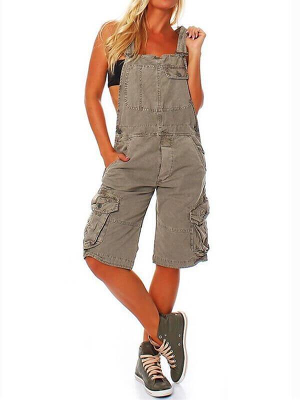 Women Adjustable Straps Knee Length Work Bib Overalls Shortalls Cargo Shorts with Pockets - CHALIER
