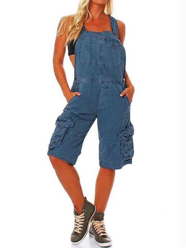Women Adjustable Straps Knee Length Work Bib Overalls Shortalls Cargo Shorts with Pockets - CHALIER
