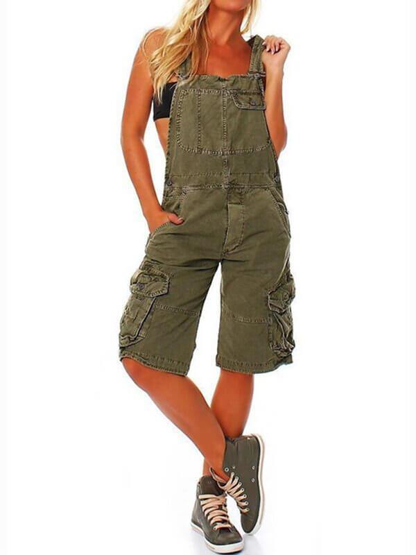 Women Adjustable Straps Knee Length Work Bib Overalls Shortalls Cargo Shorts with Pockets - CHALIER