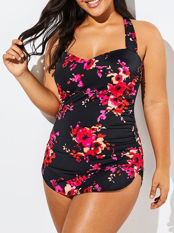 Plus Size Women's One Piece Halter Swimsuits Floral Prints
