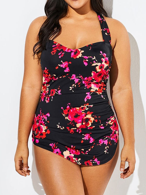 Plus Size Women's One Piece Halter Swimsuits Floral Prints