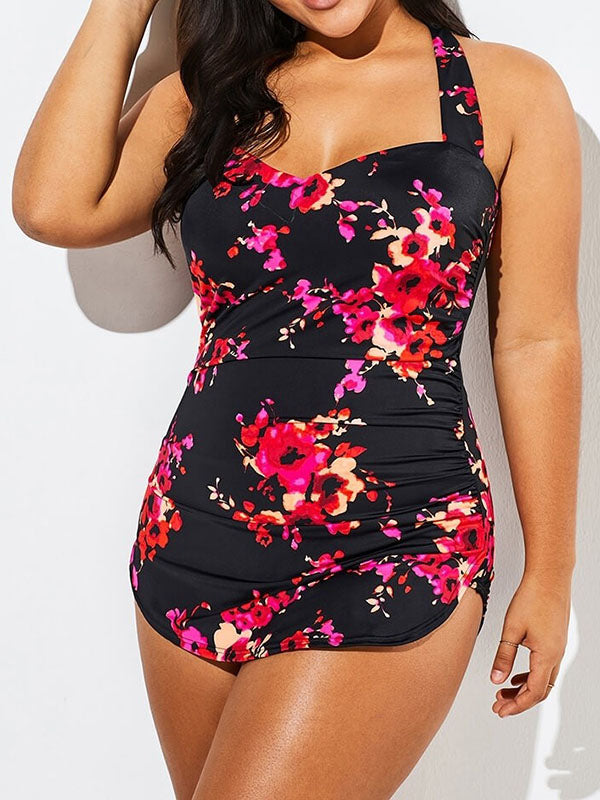 Plus Size Women's One Piece Halter Swimsuits Floral Prints