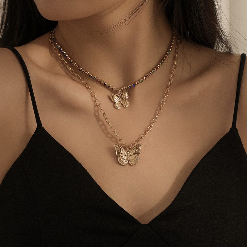 Female Design Necklaces Women Gold Layered Butterfly Choker Jewelry