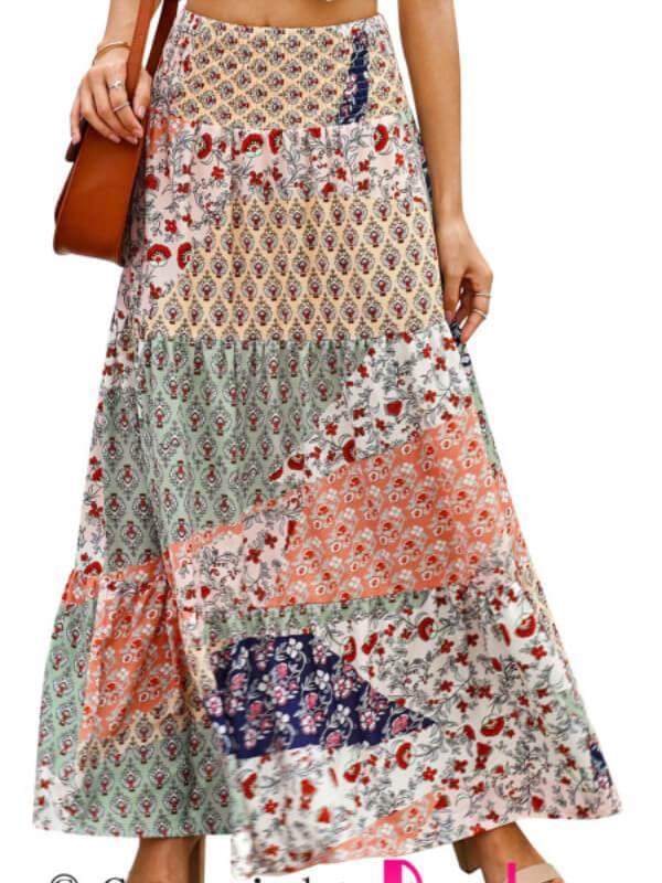 Chalier Women Boho Print Tie-Up Waist Long Maxi Skirt - CHALIER