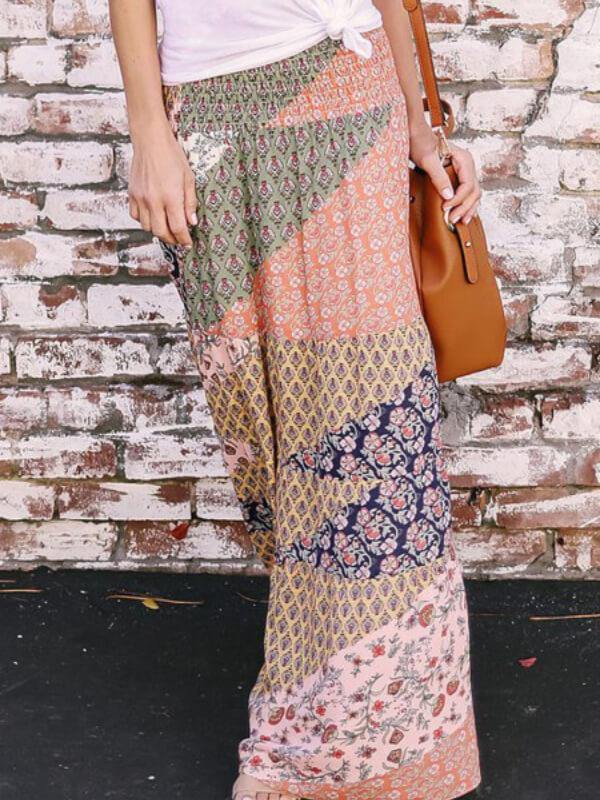 Chalier Women Boho Print Tie-Up Waist Long Maxi Skirt - CHALIER