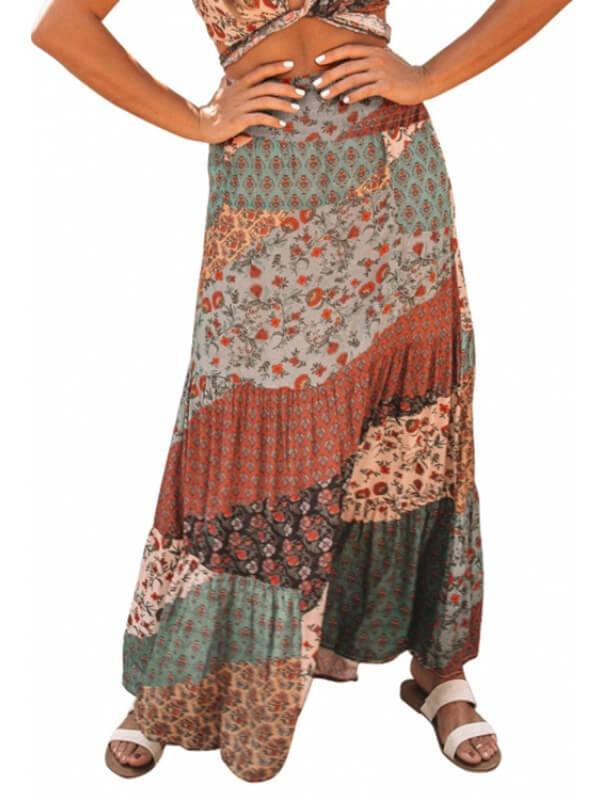 Chalier Women Boho Print Tie-Up Waist Long Maxi Skirt - CHALIER
